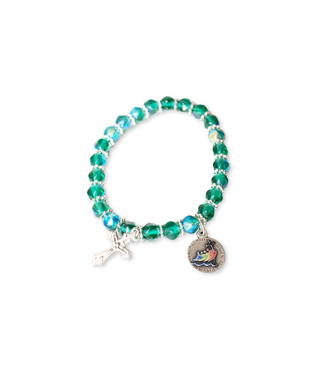 Bracelet Pèlerins d'espérance, vert émeraude, médaille et croix argenté