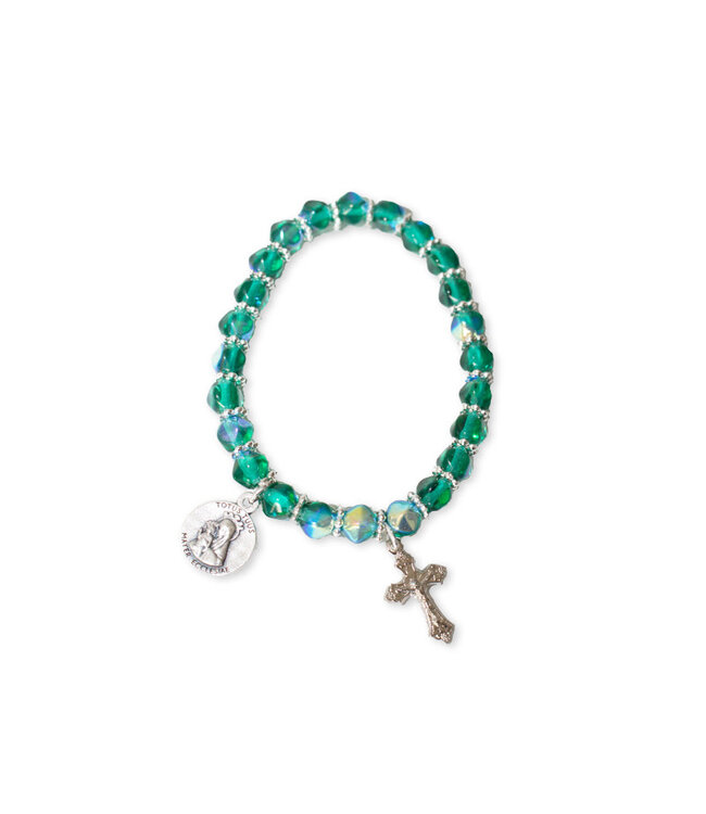 Bracelet Pèlerins d'espérance, vert émeraude, médaille et croix argenté