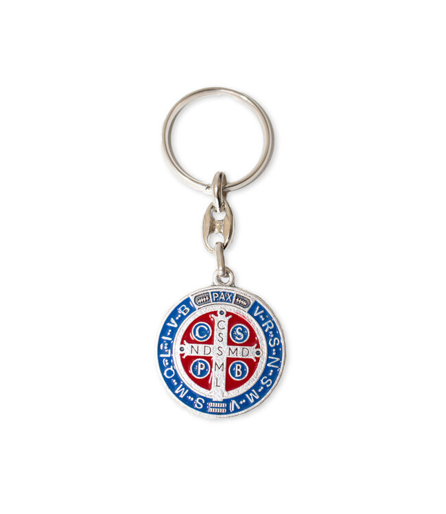 Porte-clés médaille de Saint Benoît métal émaillé couleur bleu / argenté