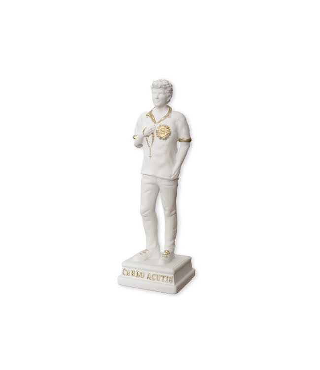 Statue Carlo Acutis, sur base, blanche avec rehauts dorés (7cm)
