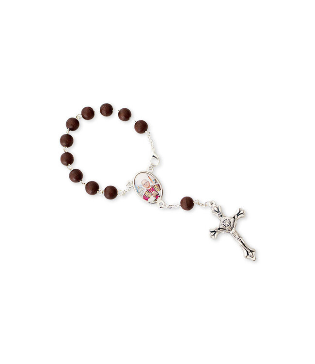 Pope Leo XIV decade rosary, wood grains on silvery chain