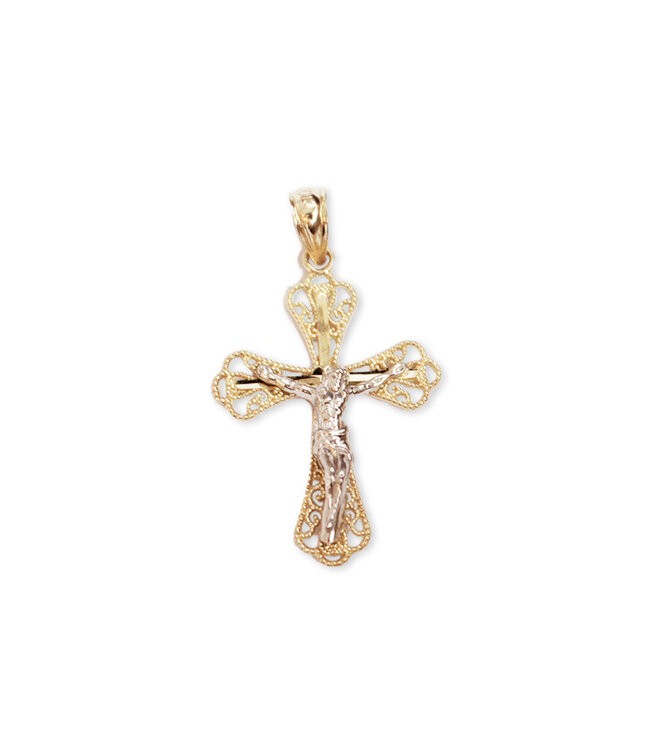 Italgem 10k yellow gold trefoiled cross with white gold corpus