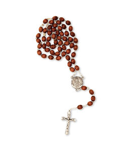 Wooden rosary on silver chain with a relic of St. Kateri and a modern corpus cross