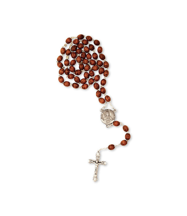 Chapelet de bois relique Ste-Kateri sur chaine argenté croix corpus moderne