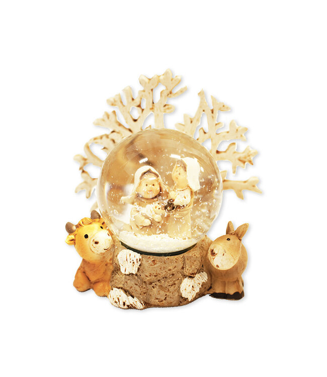 Mini Nativity Scene in a Water Globe, with Donkey, Cow, and Tree, Beige and Brown