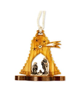 Olive wood and pewter nativity scene bell ornament