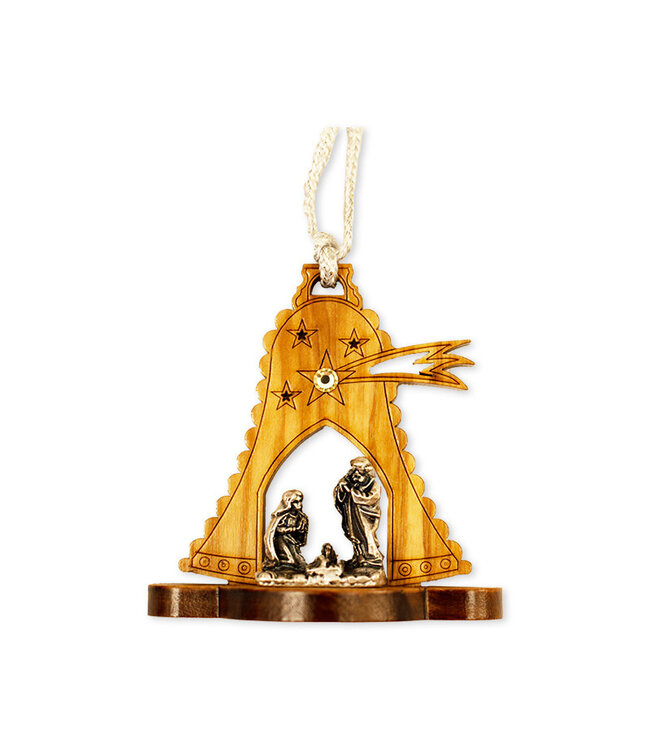 Olive wood and pewter nativity scene bell ornament