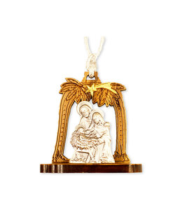 Olive wood and pewter Nativity scene ornament