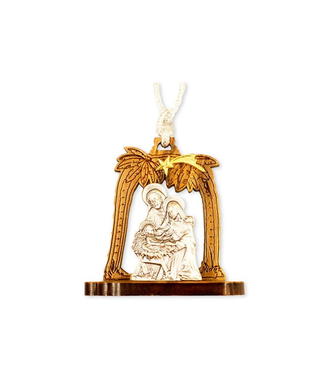 Nativity scene ornament with palm trees and star, made of olive wood and pewter