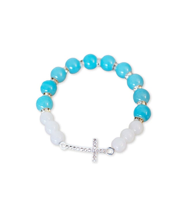 Aqua and white opal bracelet with cross and zircons, on elastic