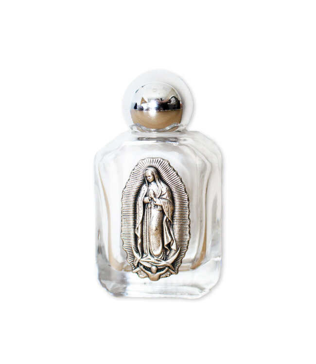Our Lady of Guadalupe holy water bottle in pewter and glass