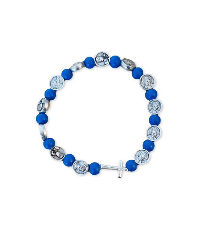 Blue Carlo Acutis bracelet in wood with medals and cross