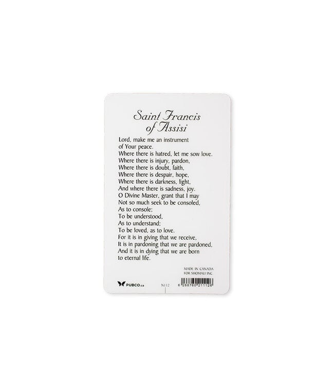 Carte plastifiée avec prière saint Francis of Assisi (anglais)