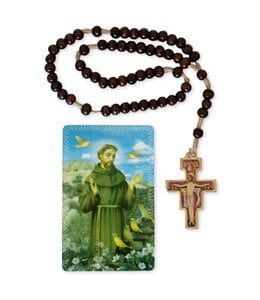 Saint Damien rosary and Saint Francis prayer card set (French)