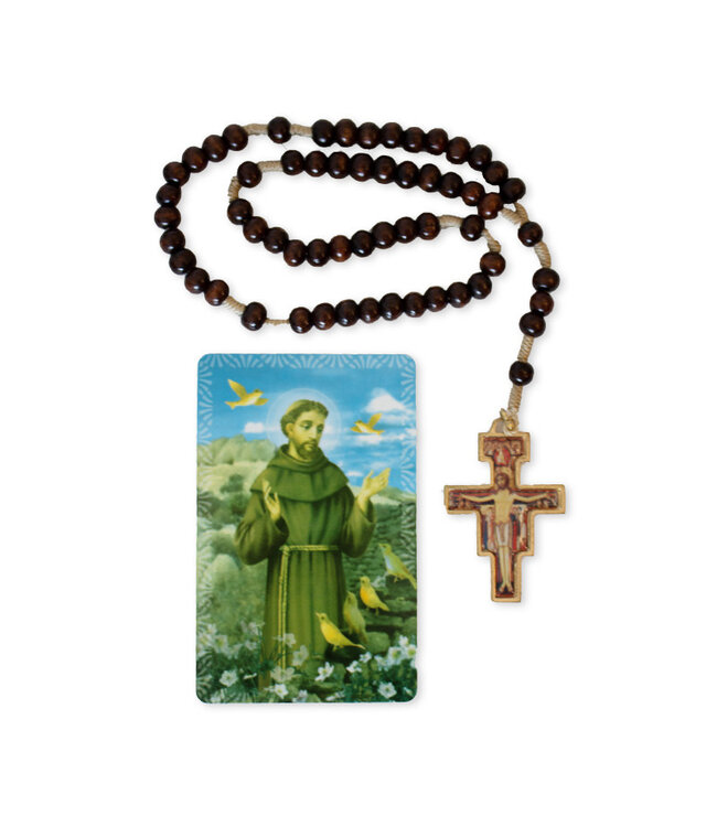 Saint Damien rosary and Saint Francis prayer card set (French)