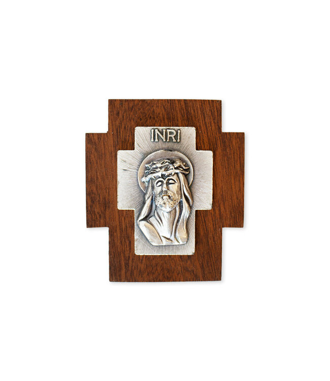 Wood and pewter plaque featuring Ecce Homo