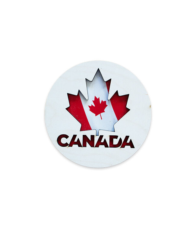 Wooden magnet, maple leaf with the Canadian flag