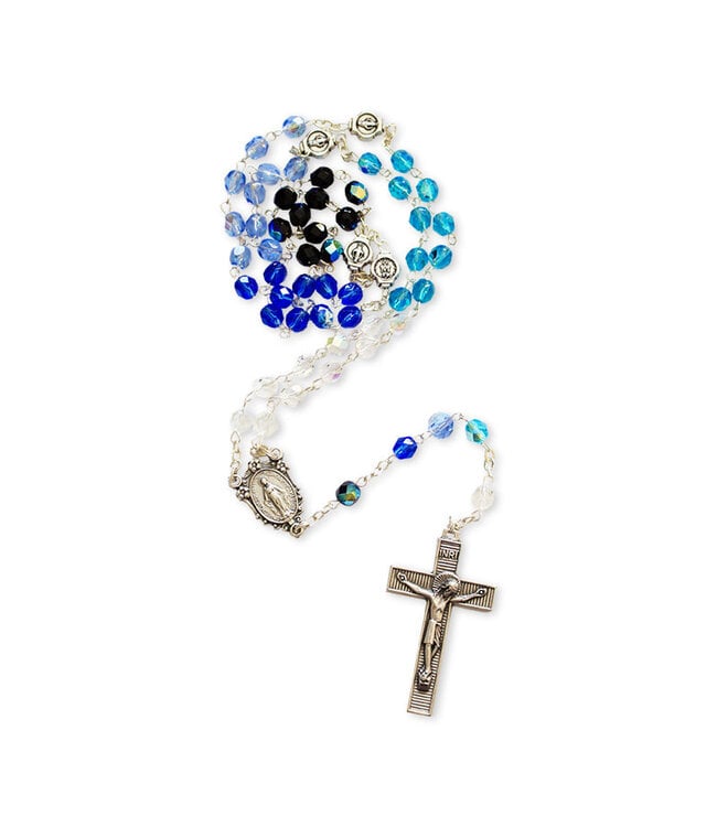 Chapelet crystal clair et bleu avec médailles Miraculeuse