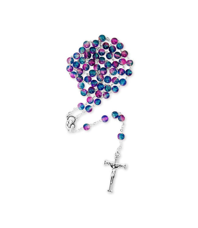 Chapelet en verre craquelé bleu et rose
