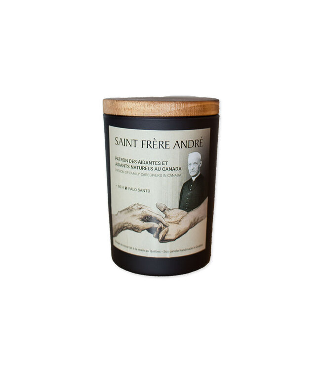 Scented candle featuring an image of Saint Brother André