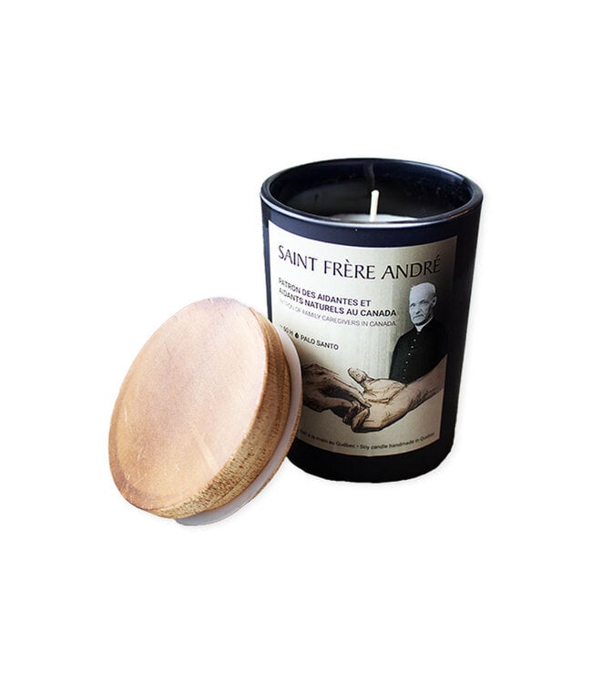 Scented candle featuring an image of Saint Brother André