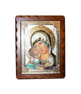 Icon Virgin of Tenderness in silver and gold embossed metal on wood