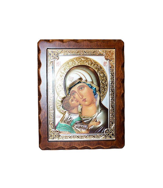 Icon Virgin of Tenderness in silver and gold embossed metal on wood