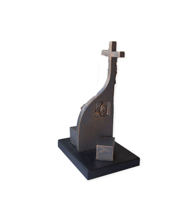 Timothy P. Schmalz Padre Pio Crucifix in the Confessional, “I Absolve You,” bronze-colored, on a black wooden base.