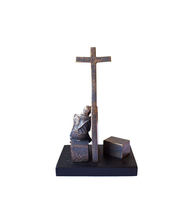 Timothy P. Schmalz Padre Pio Crucifix in the Confessional, “I Absolve You,” bronze-colored, on a black wooden base.