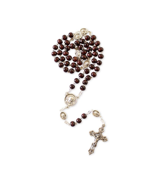 Saint Padre Pio Rosary in Dark Wood with a Relic