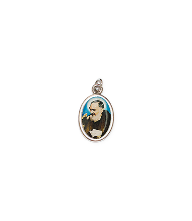 Silver-colored medal featuring Saint Padre Pio