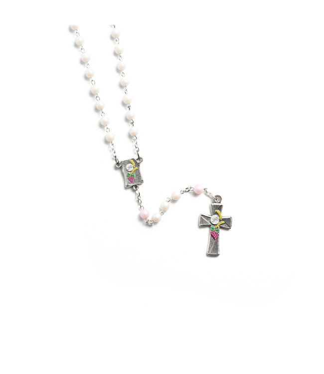 White and frosted pink rosary, silver chain