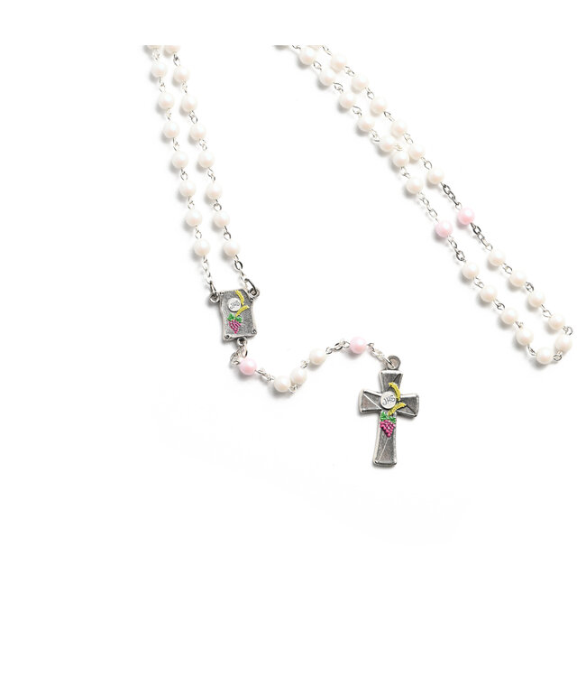 White and frosted pink rosary, silver chain
