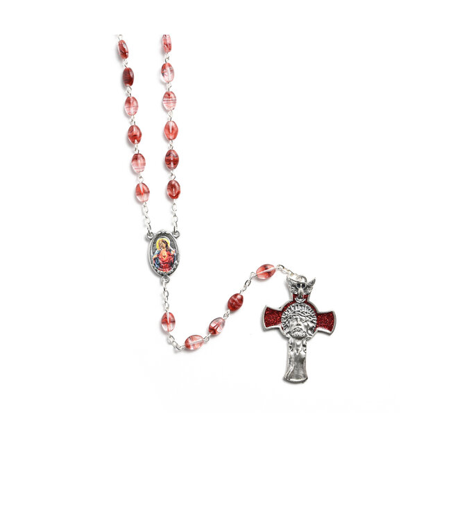 Sacred Heart of Jesus and Mary Rosary, oval beads, red