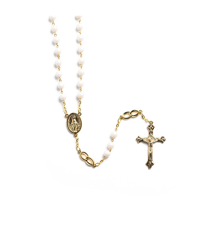 Wedding rosary, pearly white on a gold chain, with wedding rings