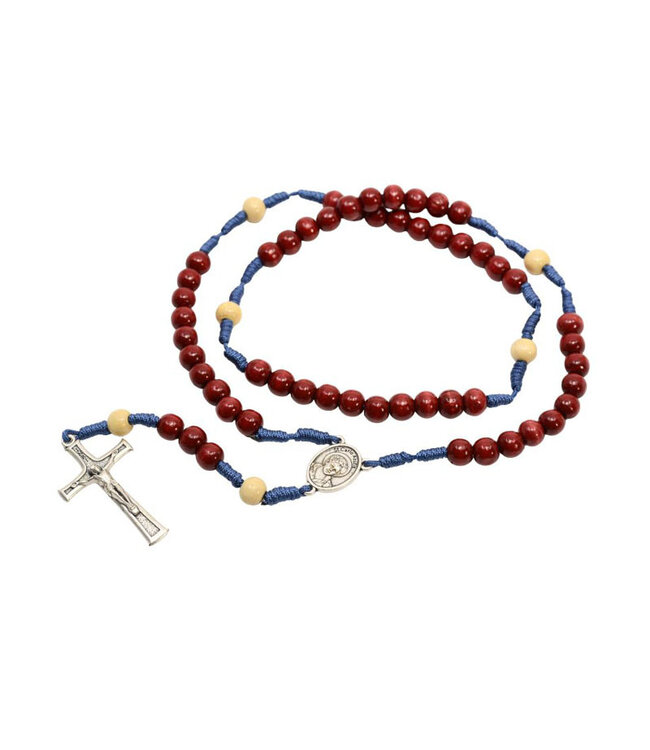 Carlo Acutis rosary in red wood and blue cord