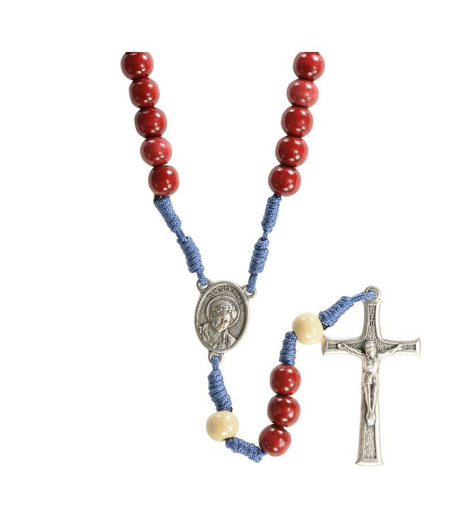 Carlo Acutis rosary in red wood and blue cord