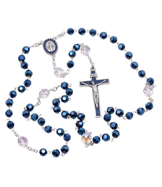 Petrol Blue and Clear Crystal Rosary with the Miraculous Medal