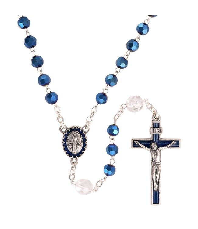 Petrol Blue and Clear Crystal Rosary with the Miraculous Medal