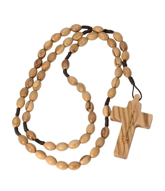 Olive wood rosary with a cross bearing the Chi-Rho symbol