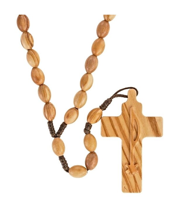 Olive wood rosary with a cross bearing the Chi-Rho symbol