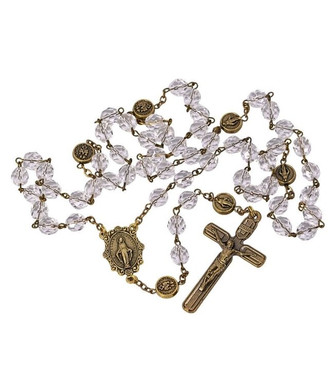 Clear crystal-look rosary on a bronze-colored chain featuring the Miraculous Medal