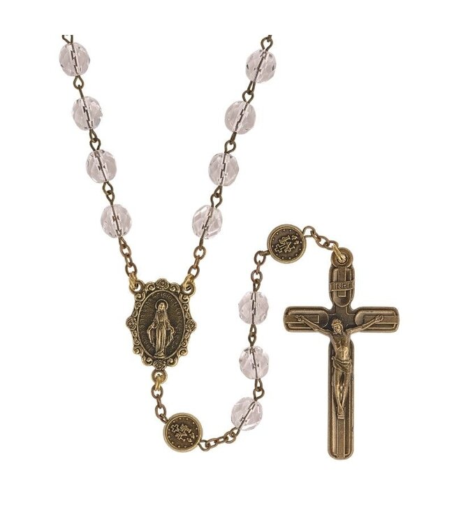 Clear crystal-look rosary on a bronze-colored chain featuring the Miraculous Medal