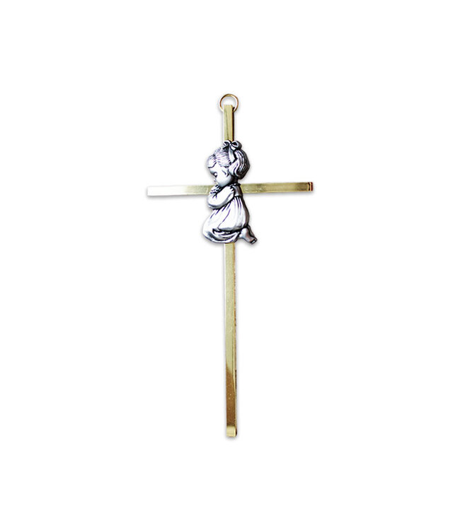 Golden metal baptism cross with praying girl