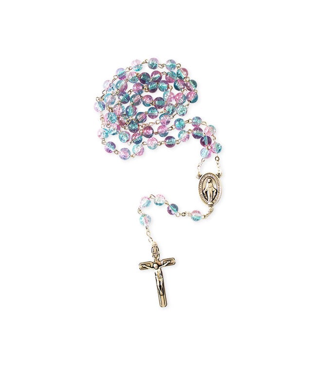 Chapelet craquelé rose et bleu, chaîne argentée Miraculeuse