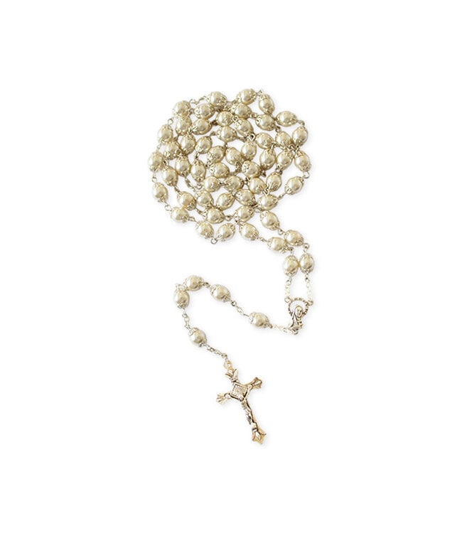 White imitation pearl rosary with silver colored chain
