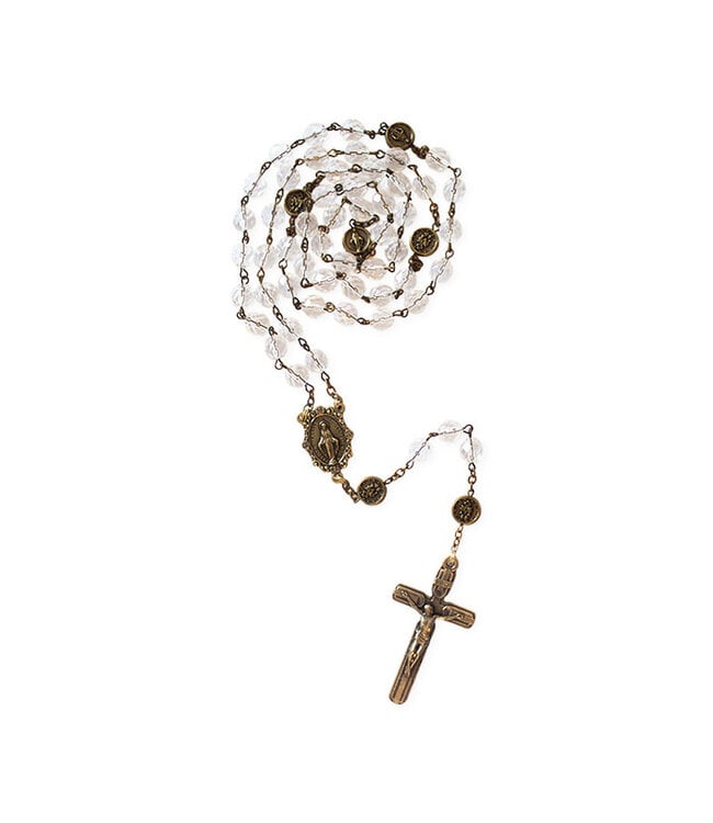 Clear crystal-look rosary on a bronze-colored chain featuring the Miraculous Medal