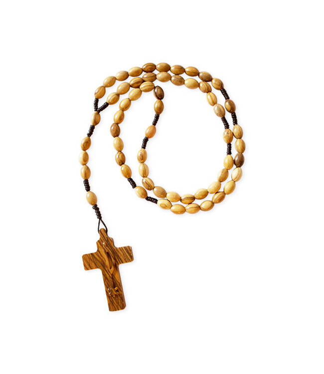 Olive wood rosary with a cross bearing the Chi-Rho symbol