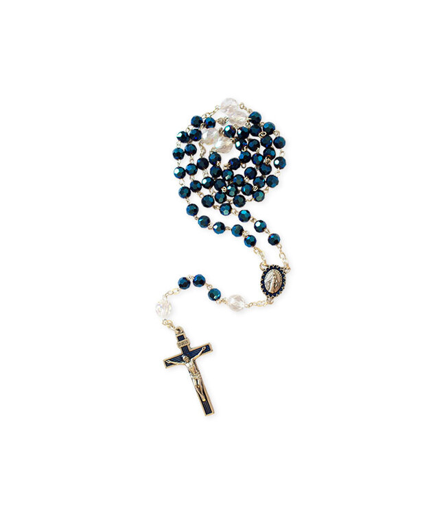Petrol Blue and Clear Crystal Rosary with the Miraculous Medal