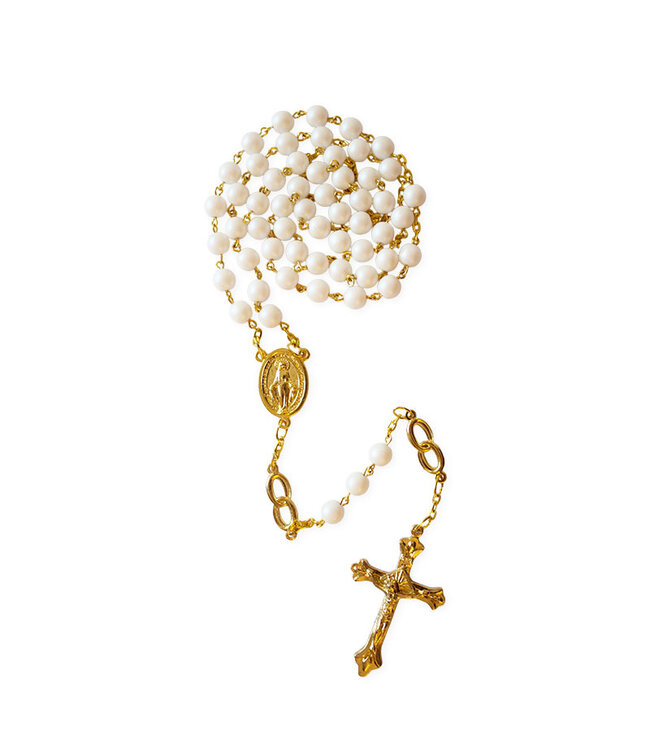 Wedding rosary, pearly white on a gold chain, with wedding rings